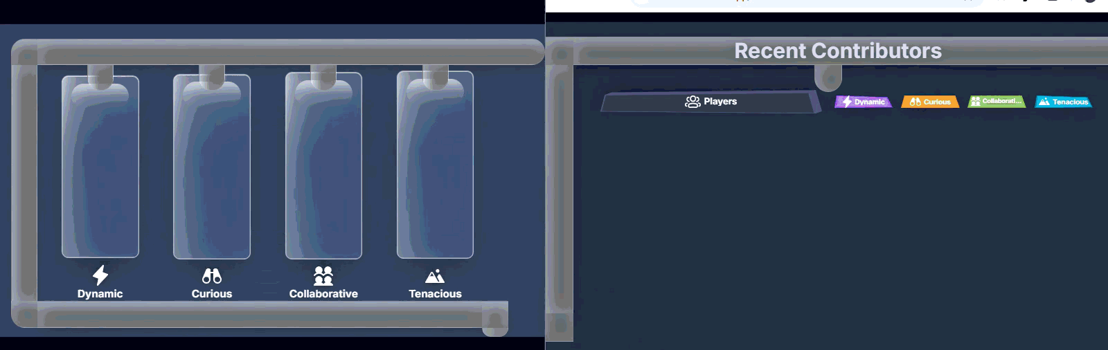 Play the Games screen showing trait tanks and recent contributors