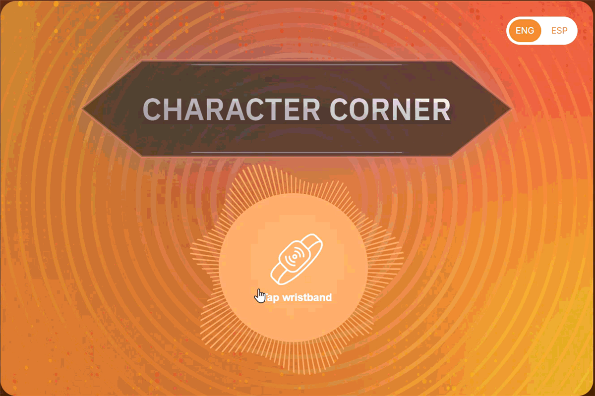 Character Corner kiosk screen asking visitors to tap their wristband