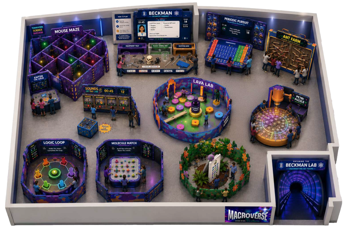 Macroverse exhibit interior with interactive stations